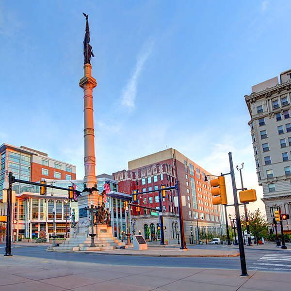 The Lehigh County Soldiers and Sailors Monument rises above Center Square in downtown Allentown.