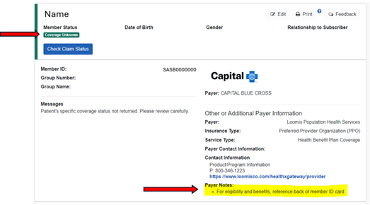Contact Loomis Company if Member Status displays - Coverage Unknown