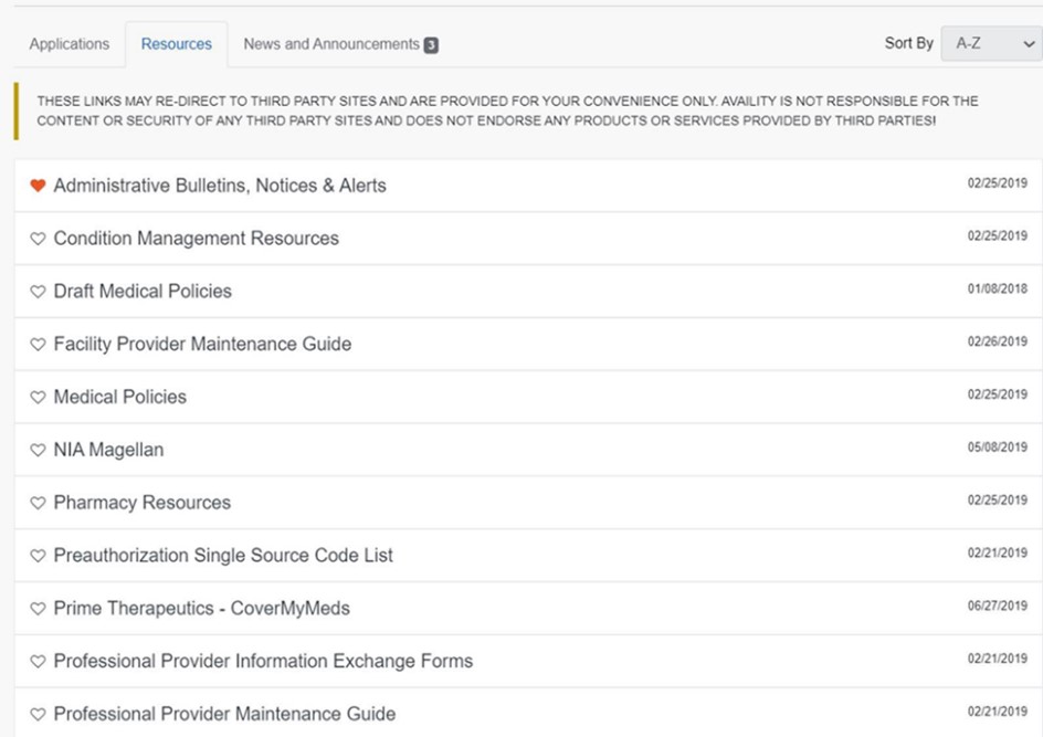 Tab showing resources, including the Faculty/Provider maintenance user guide